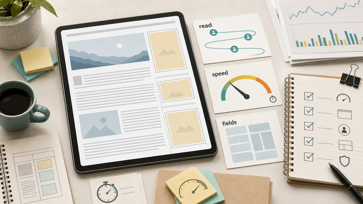 Ad experience budget review desk with a long-form article layout, reserved ad slots, speed gauge, checklist, and reporting-field cards.
