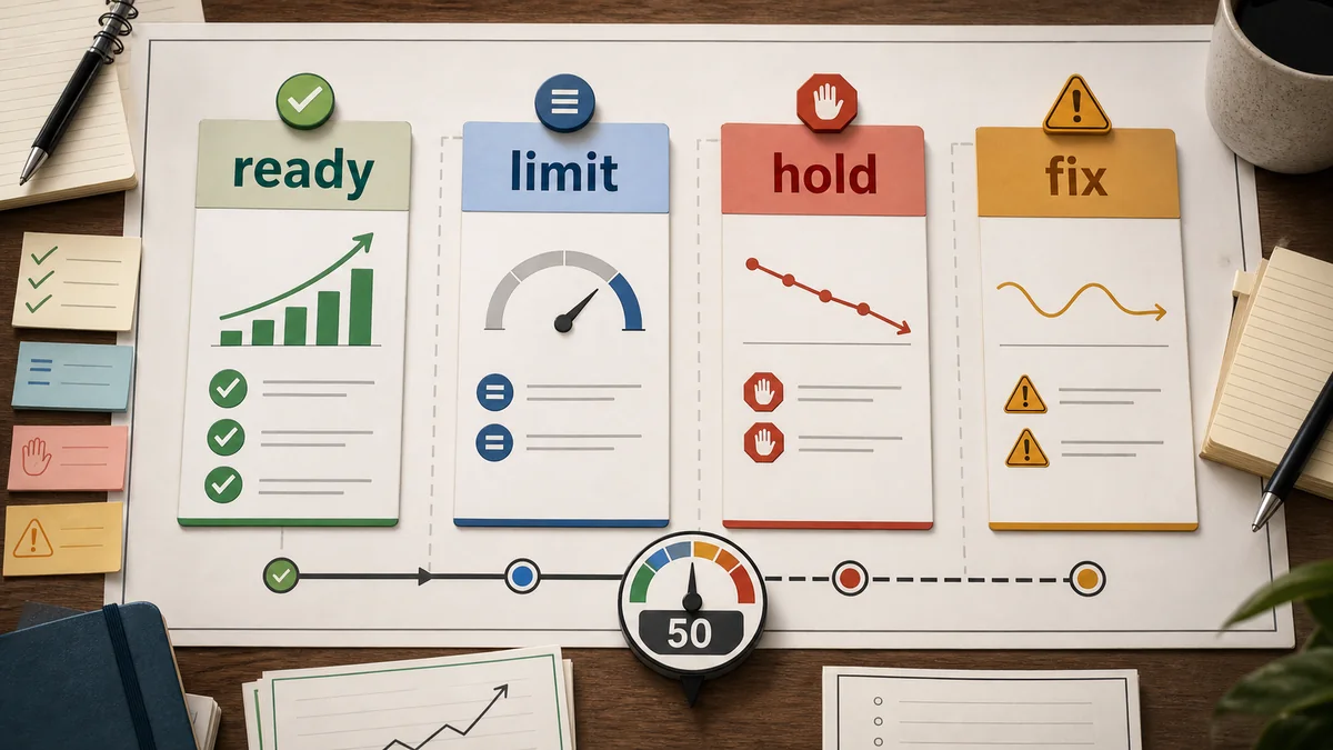Ad expansion decision board showing ready, limited, hold, and fix paths with score markers and caution notes.