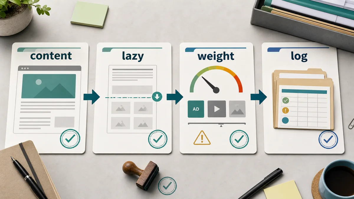 Page-speed preflight workflow with content-first render, lazy-load boundary, creative weight review, and exception log stages.