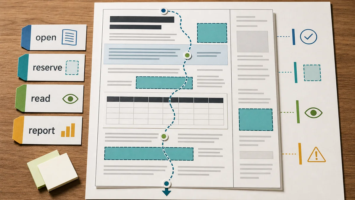 Article reading-flow model showing opening context, reserved ad slots, reader path, table area, side rail, and reporting checkpoints.