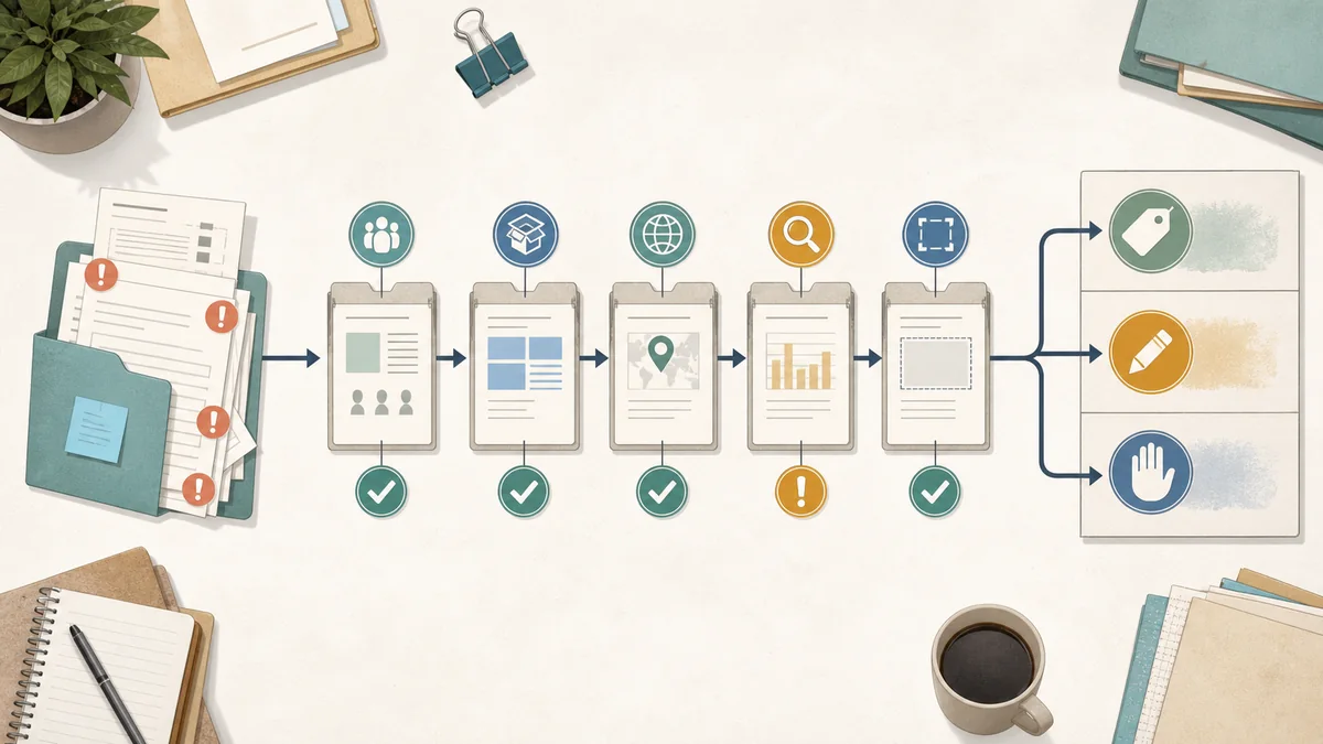 Advertiser intake decision workflow moving incomplete proposal documents through fit, package, destination, supply, and readout checks into approve, revise, or hold paths.