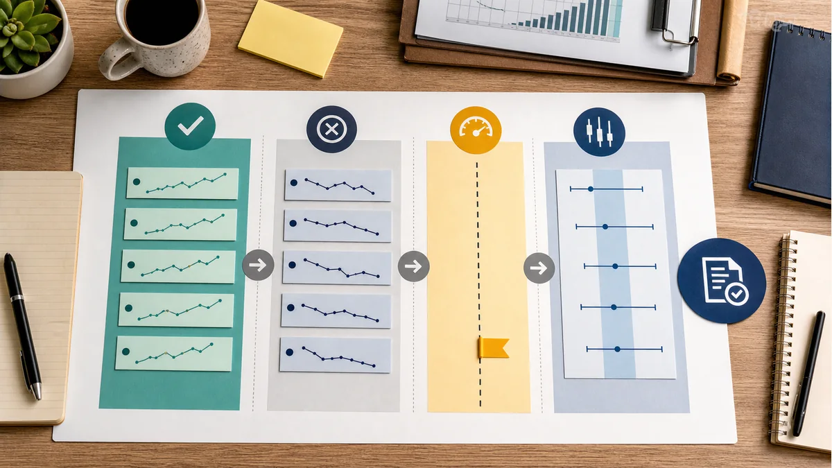 Worksheet review board separating included rows, excluded rows, threshold markers, and uncertainty ranges before a decision.