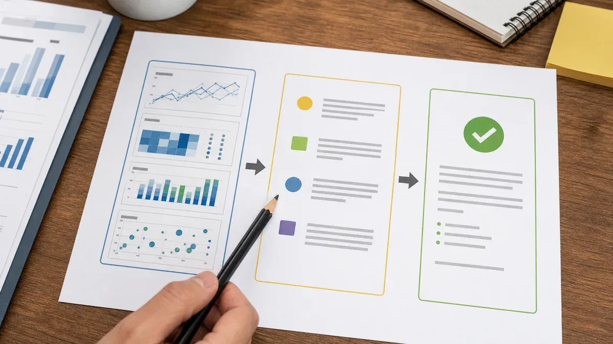 Worksheet translating dense measurement jargon into plain language and a decision card