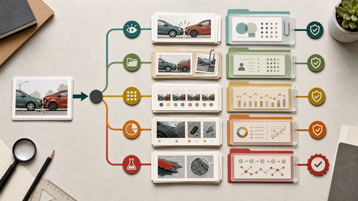 A single example card branching into evidence lanes from illustration through documented pattern and causal proof.