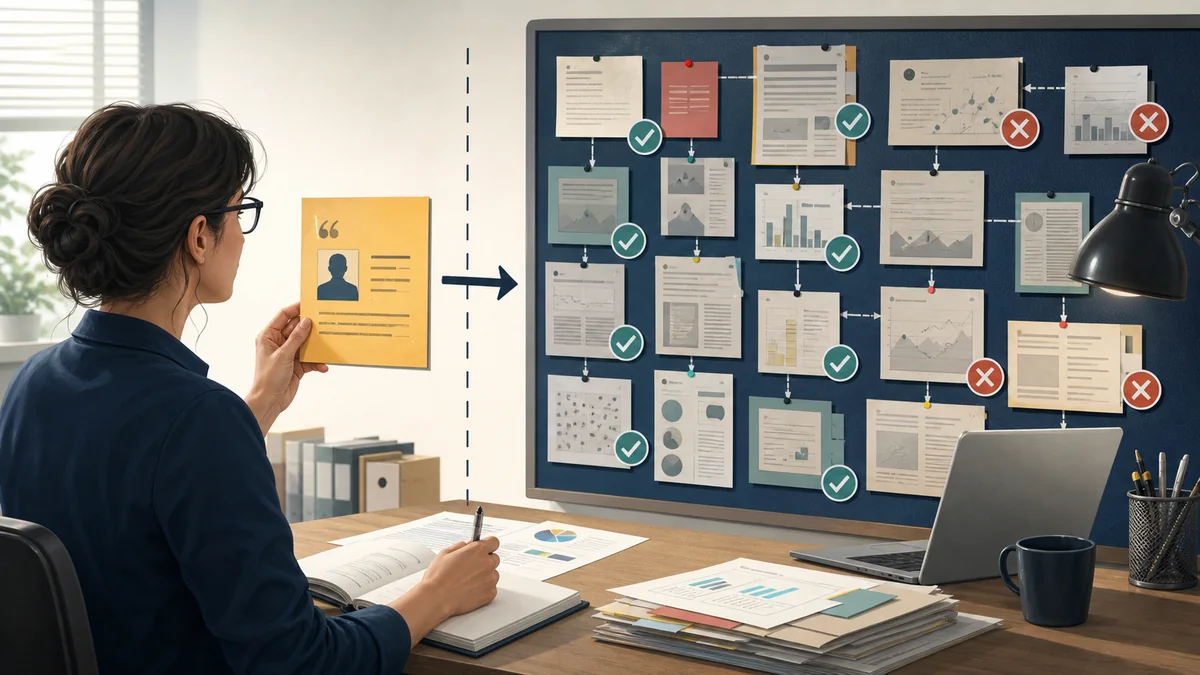 Reviewer comparing one vivid example card with a larger evidence board of records, charts, and checks.