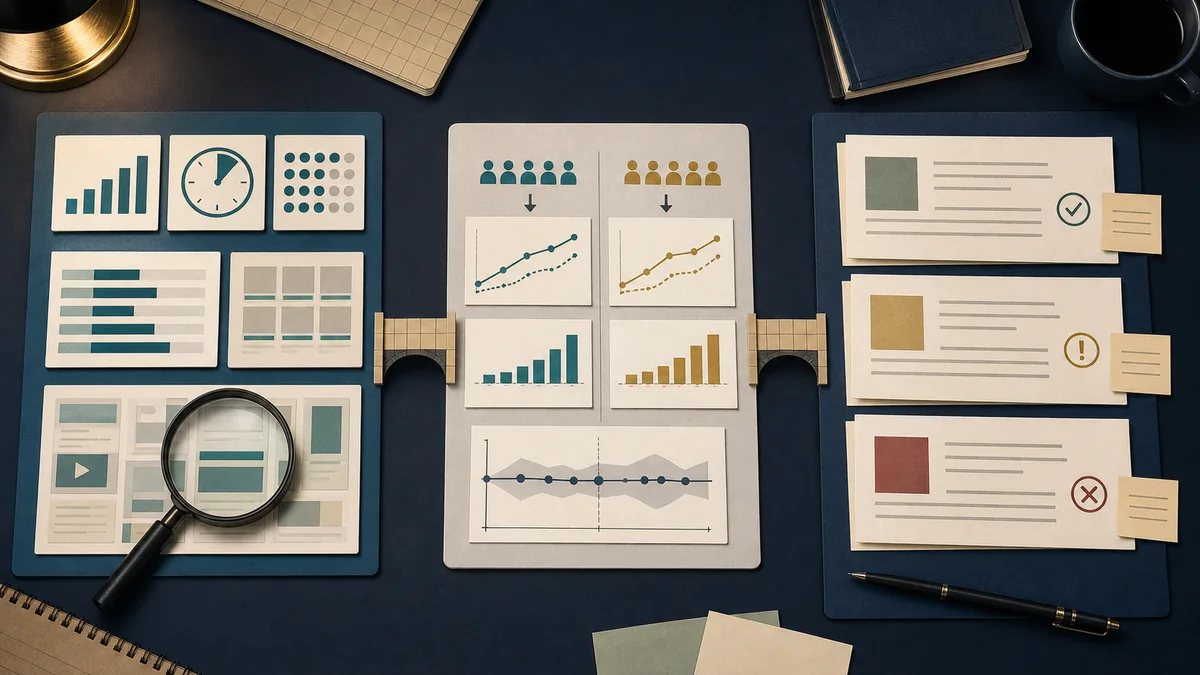 Editorial illustration showing attention signals separated from outcome validation and cautious campaign claim language.