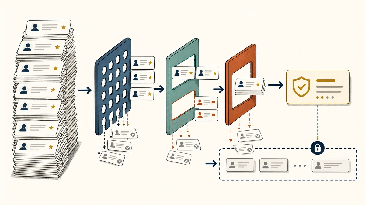 Large credited outcome stack narrowing through attribution-window checks into a smaller cautious claim card and protected comparison lane.