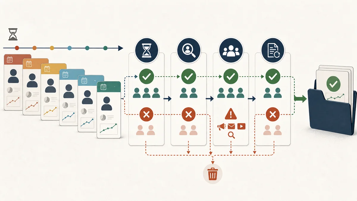 Cohort cards moving through maturity, prior-intent, concurrent-activity, and outcome-revision checks before entering a decision file.