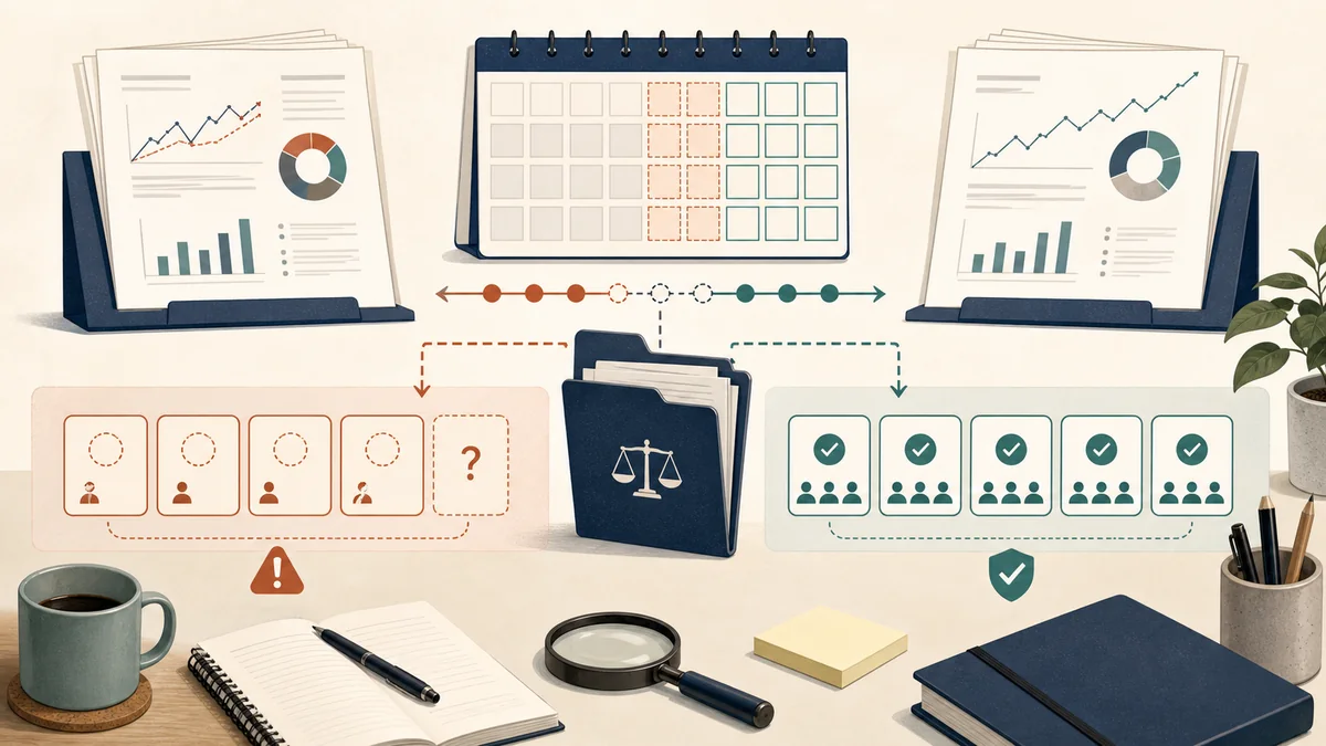 Editorial measurement desk showing early attributed outcomes separated from mature cohorts before a decision folder is approved.