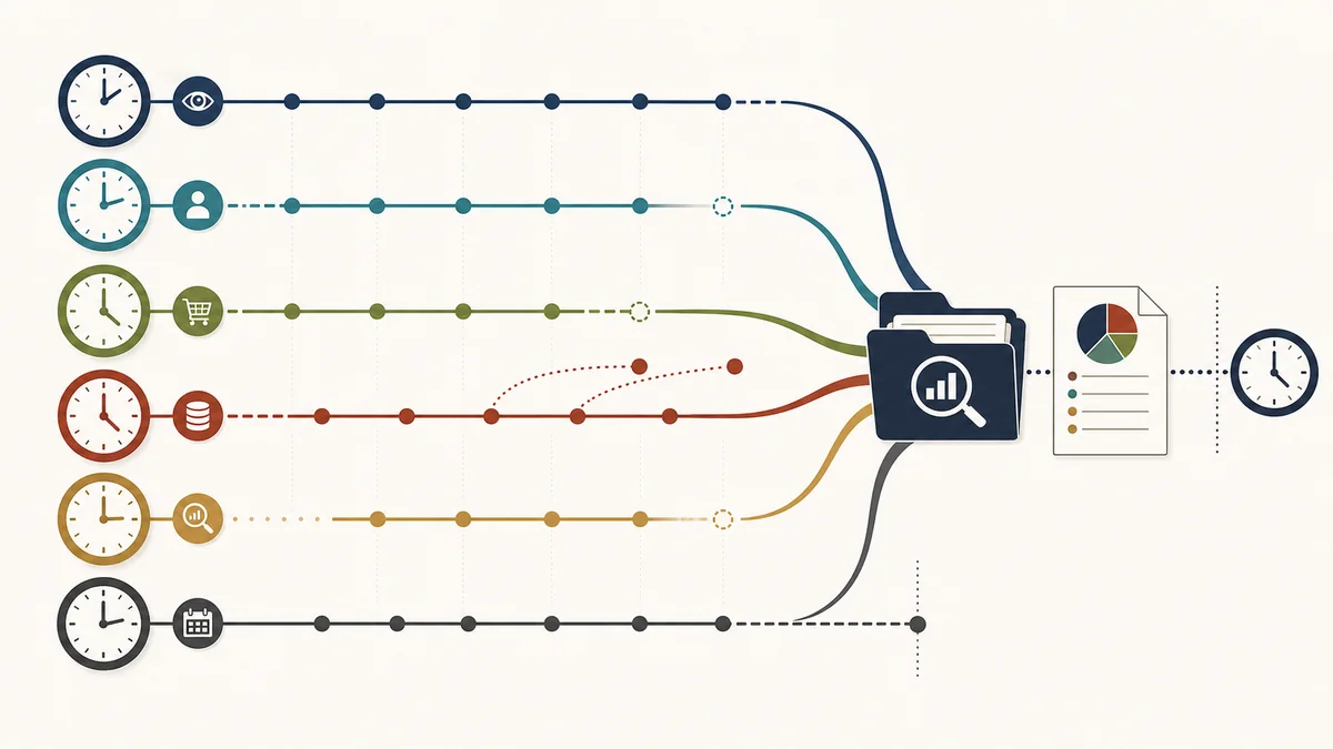 Six separate attribution timing lanes feeding an evidence folder before a report is finalized.