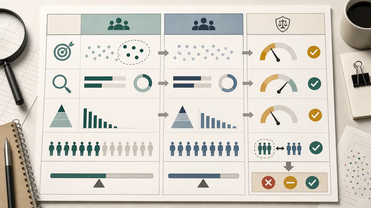Editorial audience selection review board comparing a targeted group with a protected comparison group across pre-exposure intent, reachability, value concentration, and claim language.
