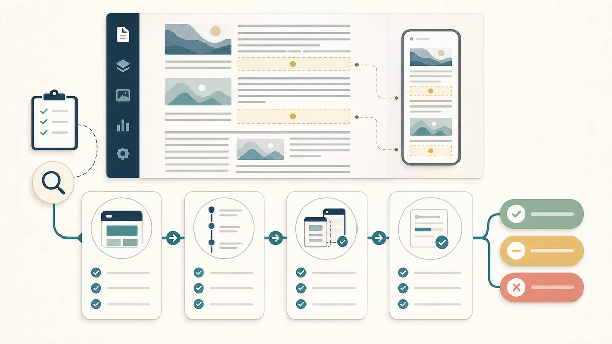 Automatic ad placement preflight workflow connecting page structure, natural breaks, mobile checks, reporting fields, and ready or hold decisions.