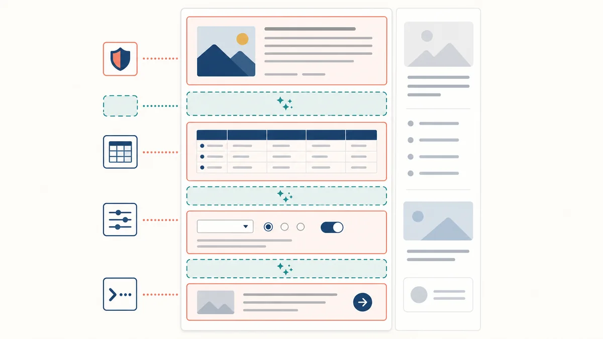 Article template with protected editorial zones and eligible automatic ad-placement breaks marked around a table, controls, and sidebar.