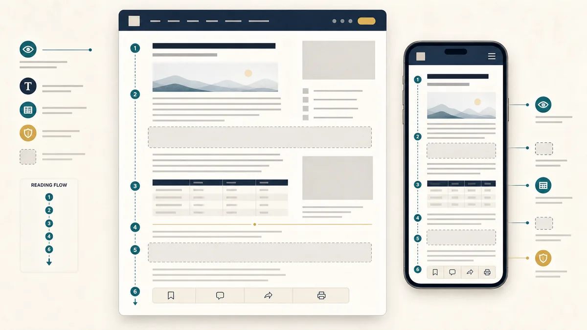 Desktop and mobile article layouts with reading-flow checkpoints and protected ad-placement zones.