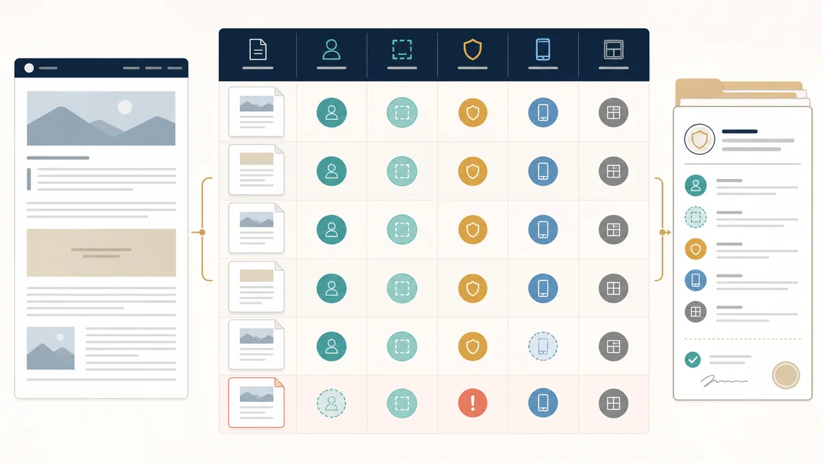Automatic ad placement reporting board connecting page job, eligible zone, protected zone, device class, and layout state to a decision record.