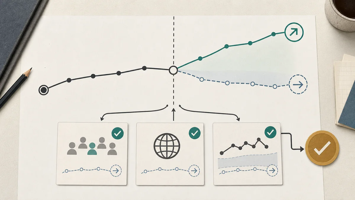 Counterfactual workflow splitting one trend into observed movement and expected-without-event paths with comparison options.