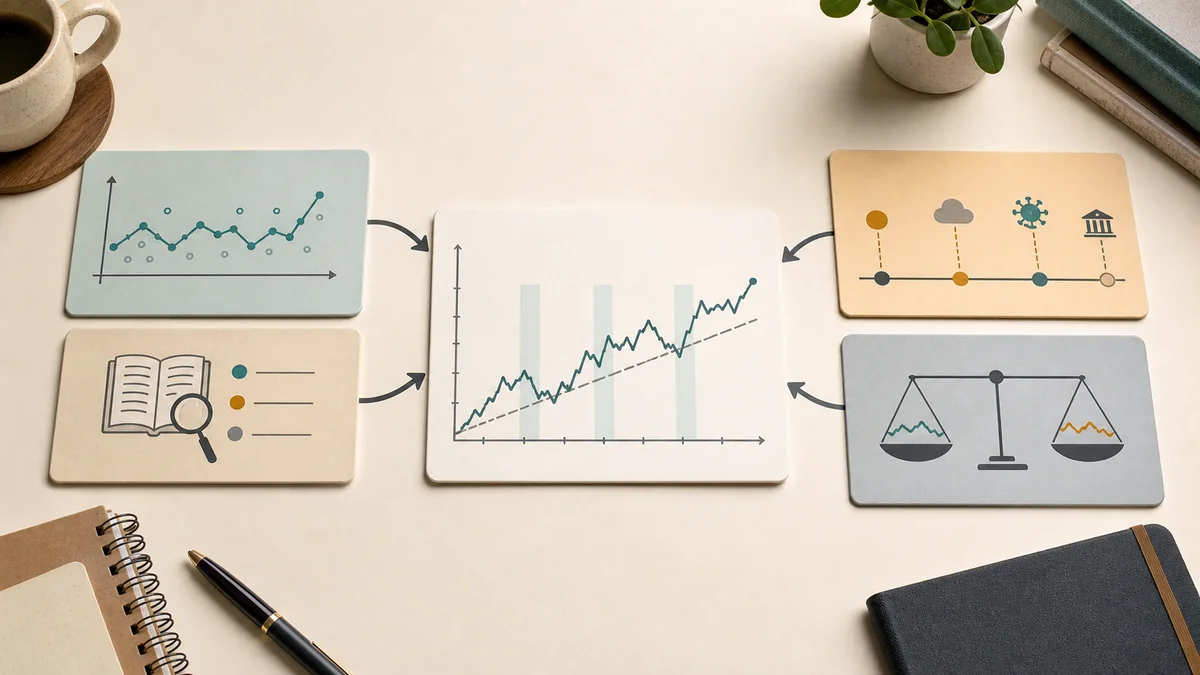 Evidence cards for original series, definition notes, timeline, and comparison rule feeding into a central trend chart.