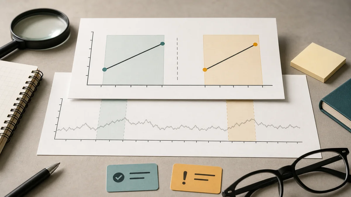 Review desk comparing a short before-and-after chart with a longer baseline trend underneath.