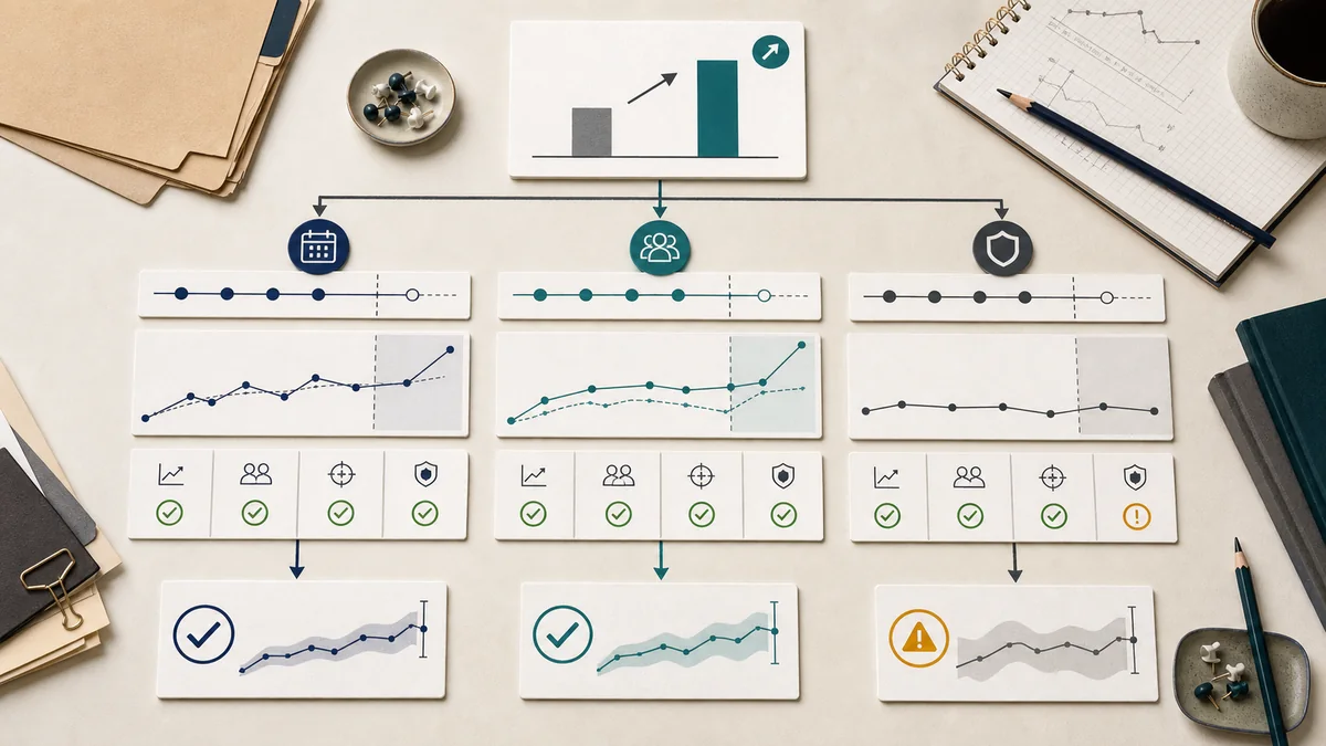 Editorial baseline comparison review board showing one campaign outcome checked against trend fit, audience matching, tracking alignment, and holdout protection.
