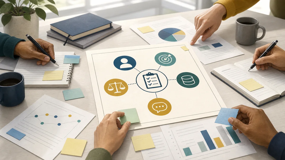 Editorial campaign data-layer evidence map connecting audience, decision, outcome, database, and comparison records around one source checklist.