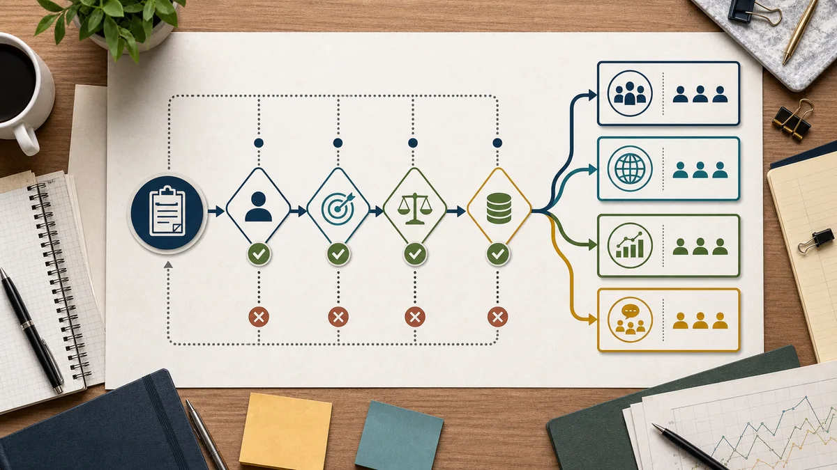 Campaign data-layer join-routing workflow moving a source checklist through audience, objective, comparison, and database checks before segment-level reports.