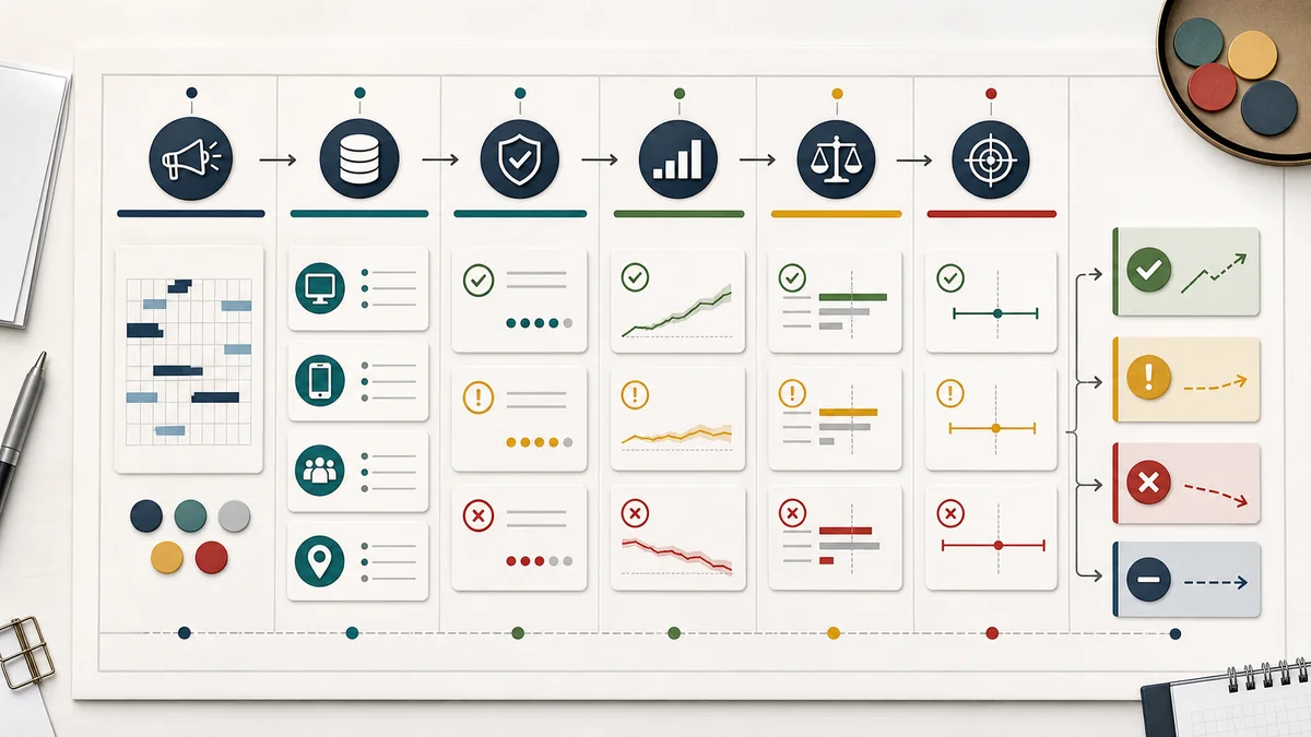 Editorial planning-board illustration showing campaign readout evidence moving through delivery, source-field, exposure, outcome, comparison, and uncertainty checks before action language is chosen.