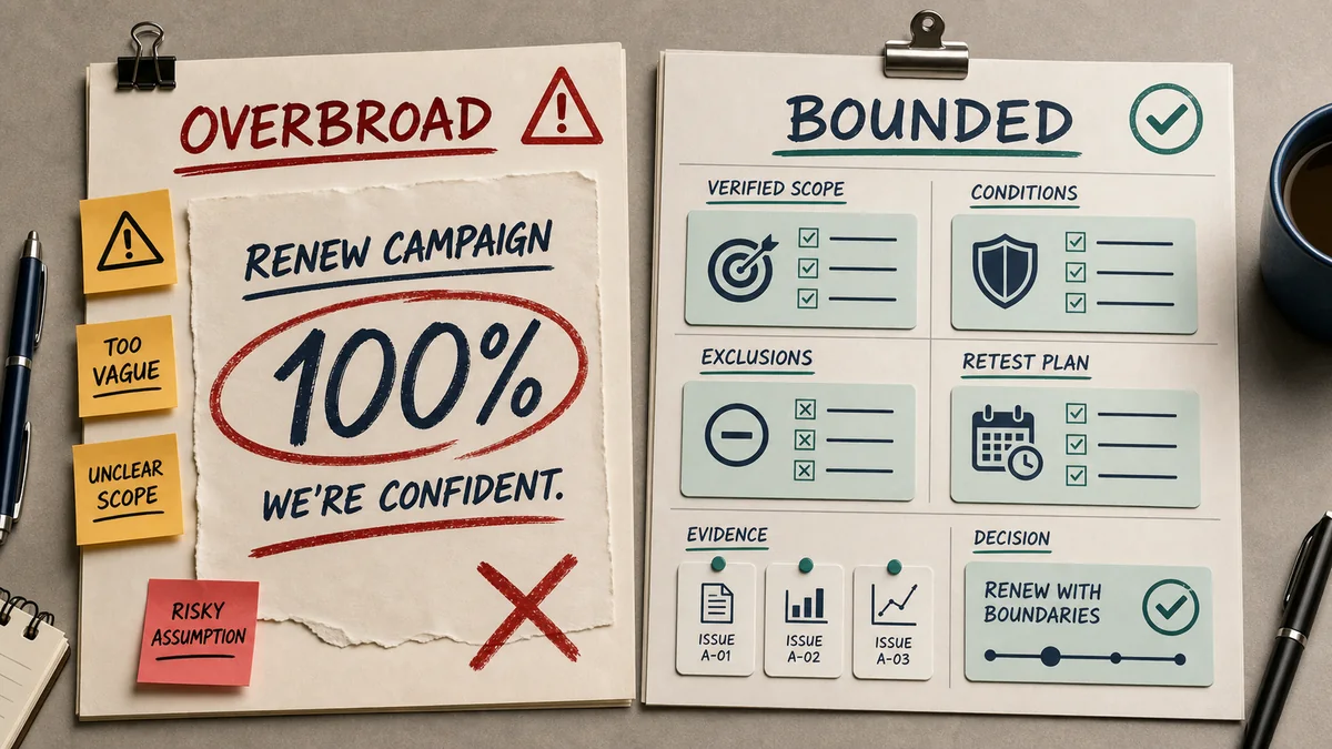 Side-by-side renewal note boards contrasting an overbroad campaign claim with a bounded recommendation, exclusions, conditions, and retest plan.