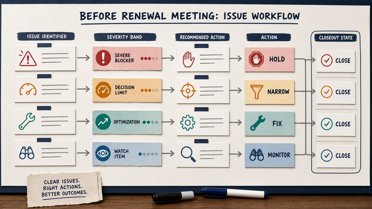 Campaign issue workflow with severity paths for hold, narrow, fix, monitor, and closeout decisions before renewal.