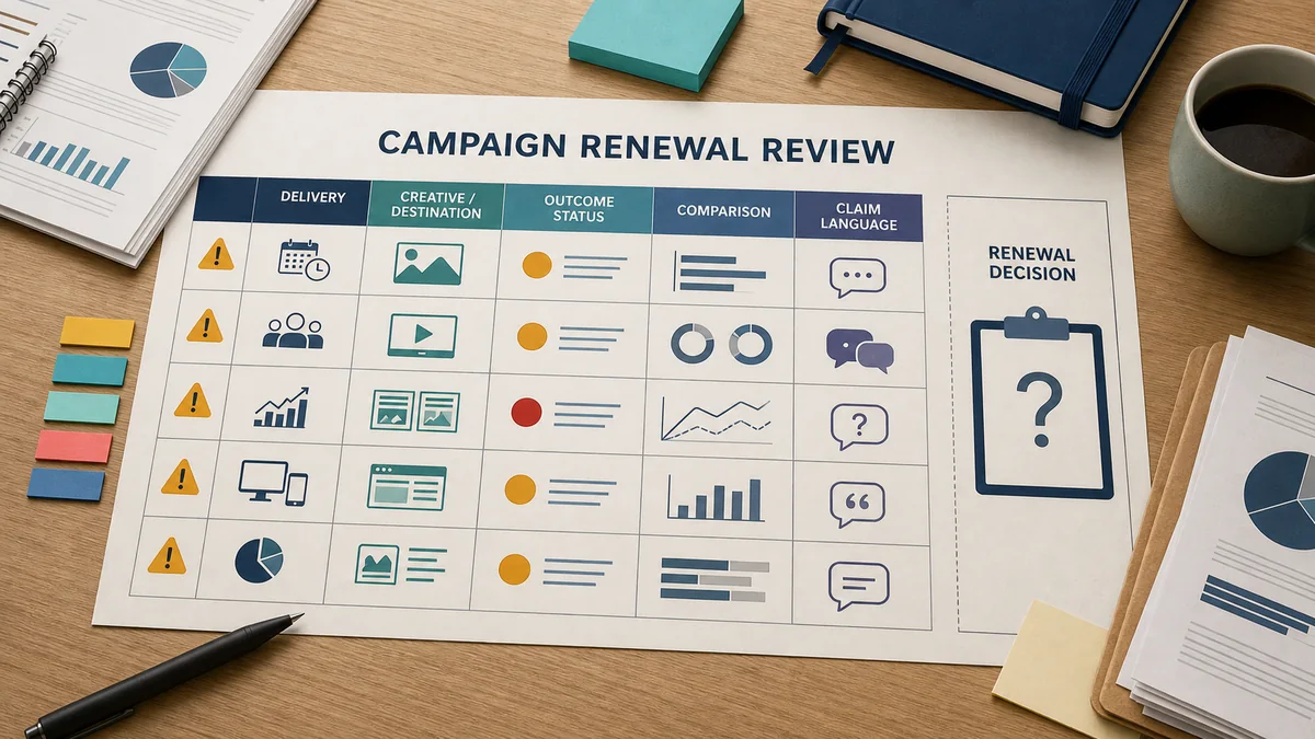 Campaign renewal review desk with report pages, issue rows, warning markers, and a final renewal decision board.