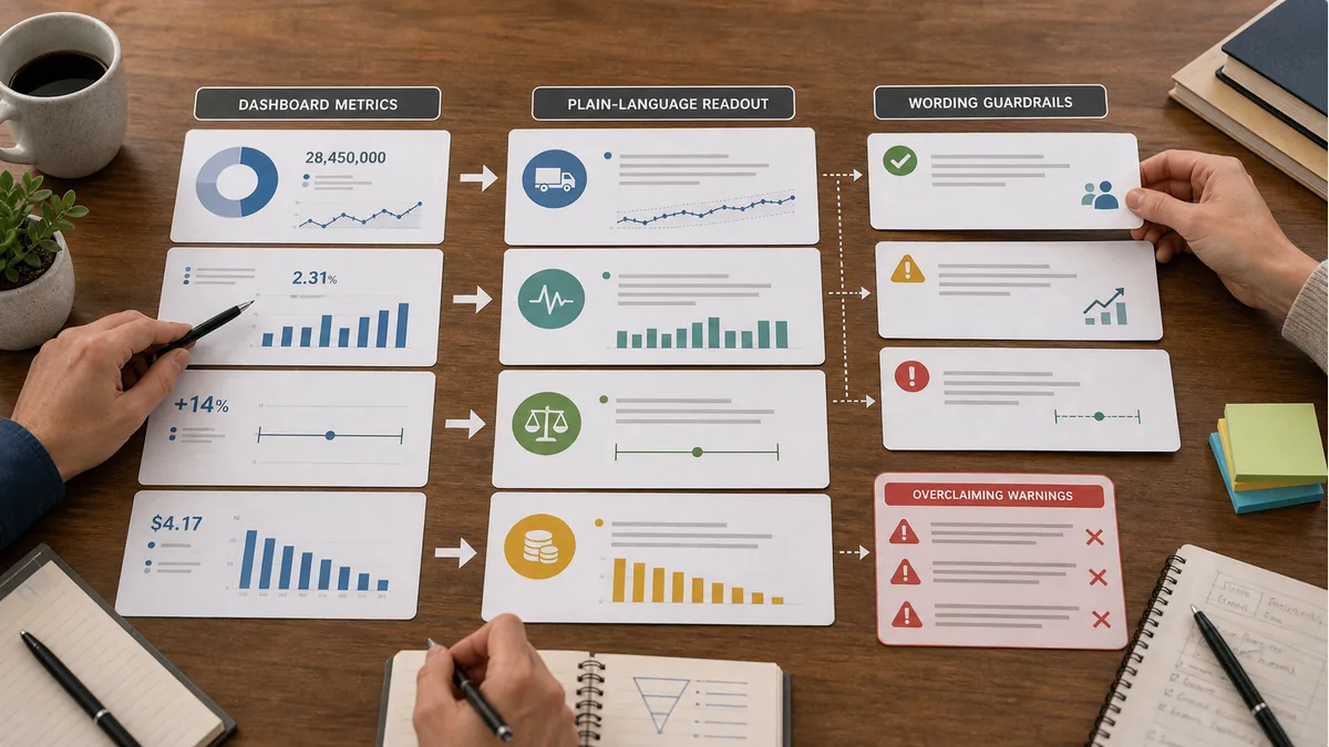 dashboard metric cards translated into bounded readout language