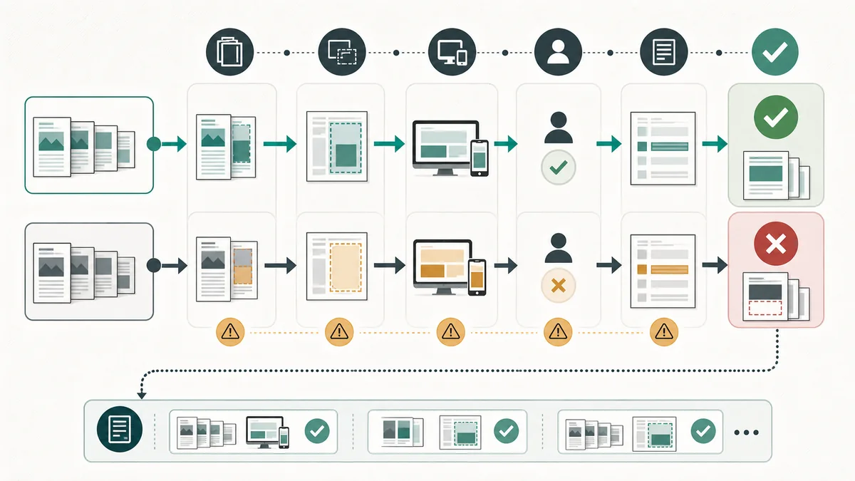 Makegood approval workflow checking context, placement, device rules, buyer approval, and separate reporting rows.