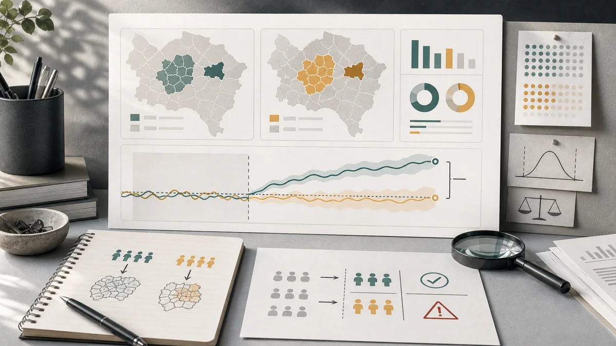 Campaign readout QA board with market maps, response trend lines, balance checks, and decision markers for supported and unsupported claims.