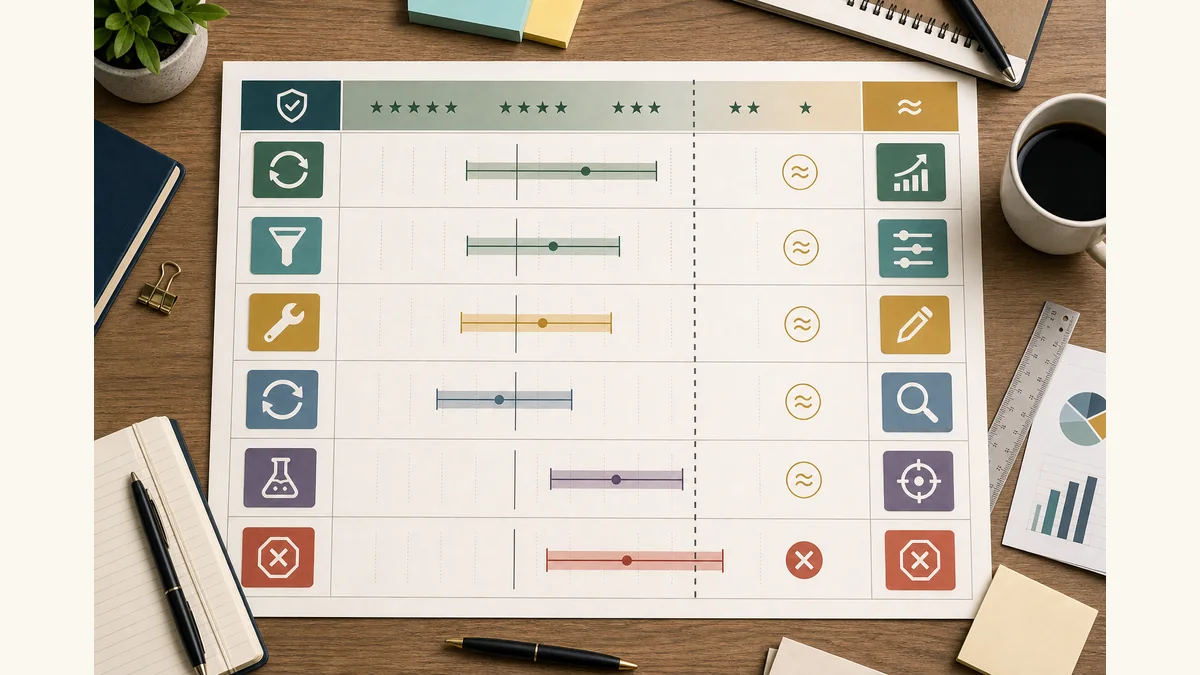 Campaign renewal decision matrix with lanes for renew, narrow, revise, retest, causal test, and hold matched to evidence-strength icons.