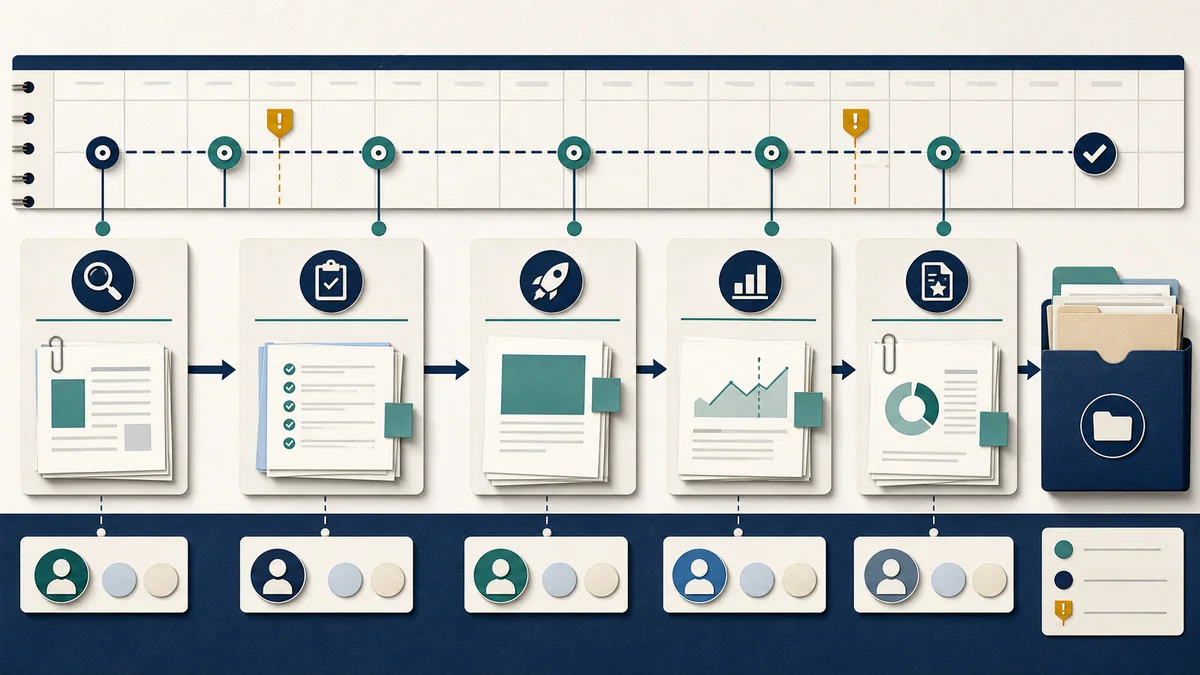 Campaign renewal follow-up calendar showing separate review gates for brief approval, activation, mid-flight, status-window close, and readout.