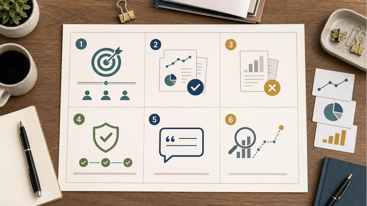 One-page campaign renewal memo board divided into six visual blocks for recommendation, evidence, exclusions, issues, claim language, and next evidence.