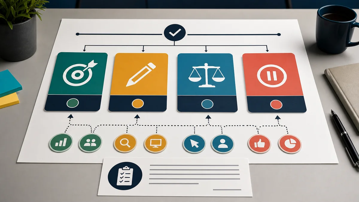 Campaign reporting decision board with four next-action cards connected to evidence tokens and a final memo.