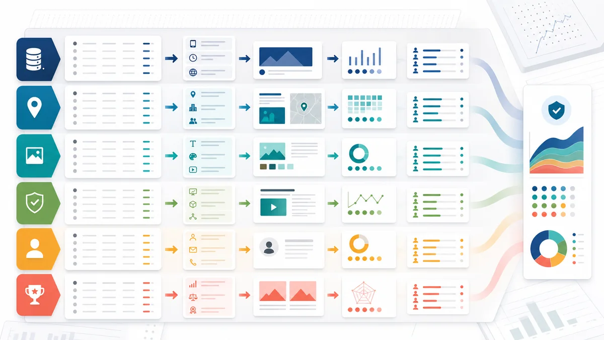 Layered campaign reporting model showing delivery, context, creative, traffic quality, lead status, and comparison strength feeding into a report summary.