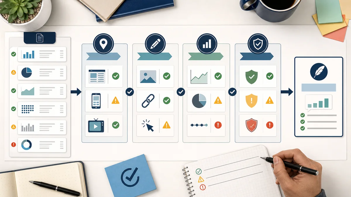 Campaign report QA workflow with report rows moving through placement context, creative and destination fit, outcome maturity, and claim strength checks.