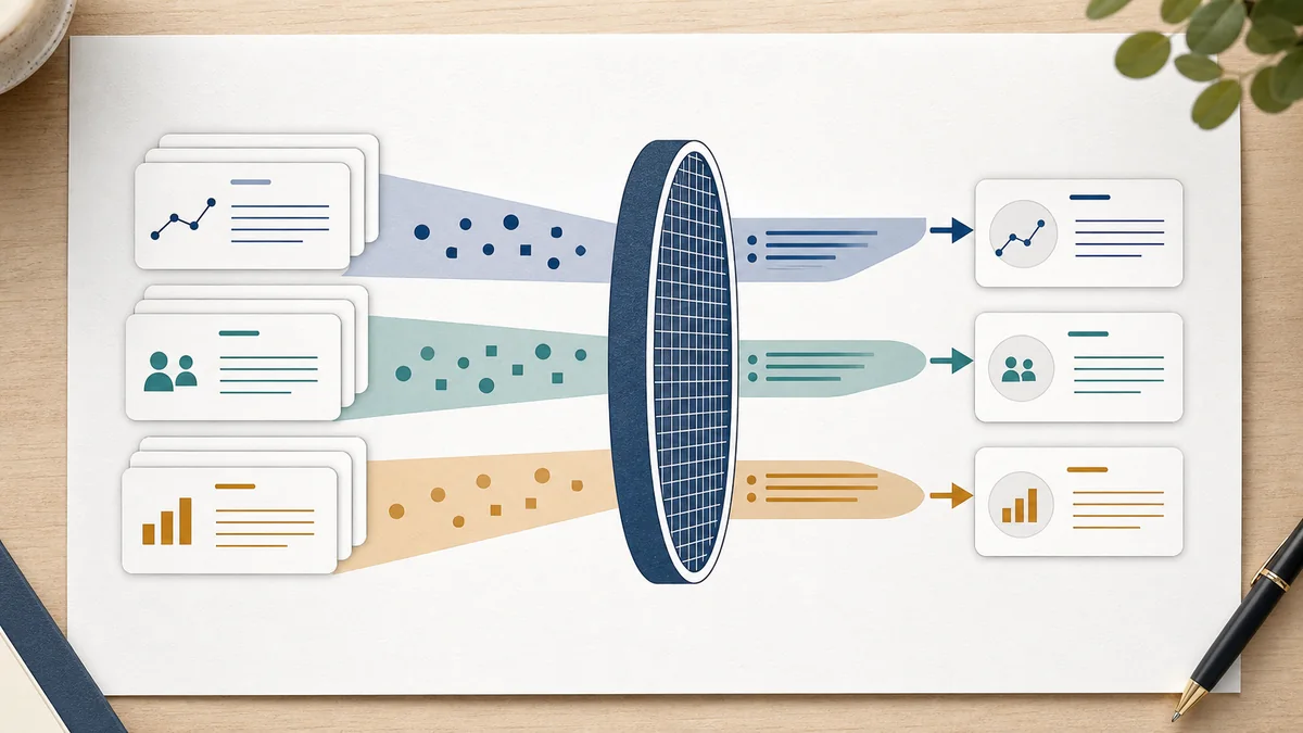 Campaign report cards passing through a term-boundary filter that separates observed metrics, matched records, and lift evidence into different readout notes.