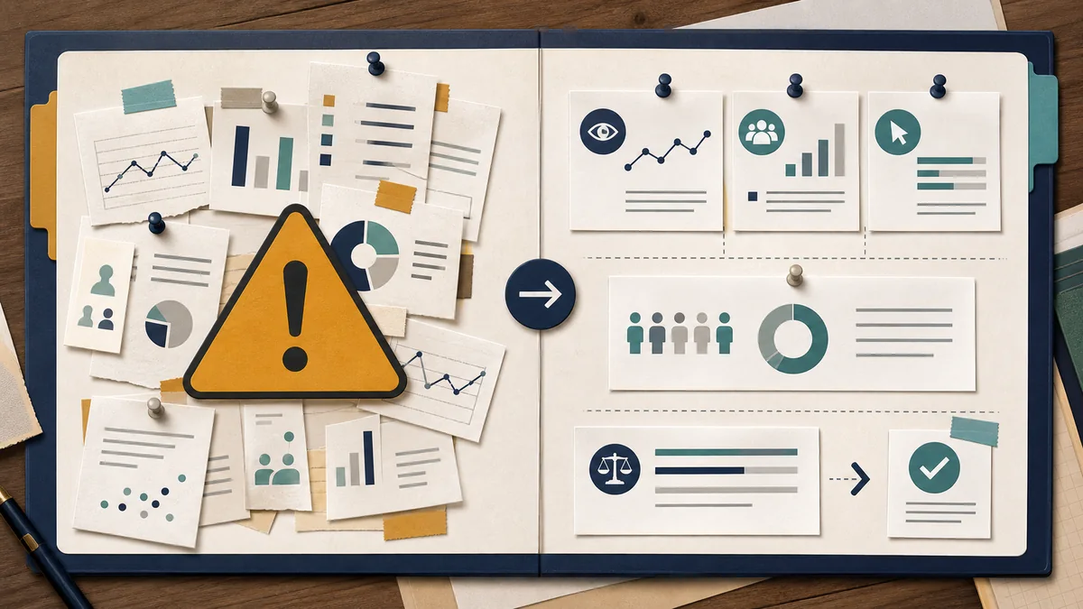 Decision board contrasting a messy overclaimed campaign report with a corrected readout that separates evidence lanes, denominator, comparison, and approved claim.