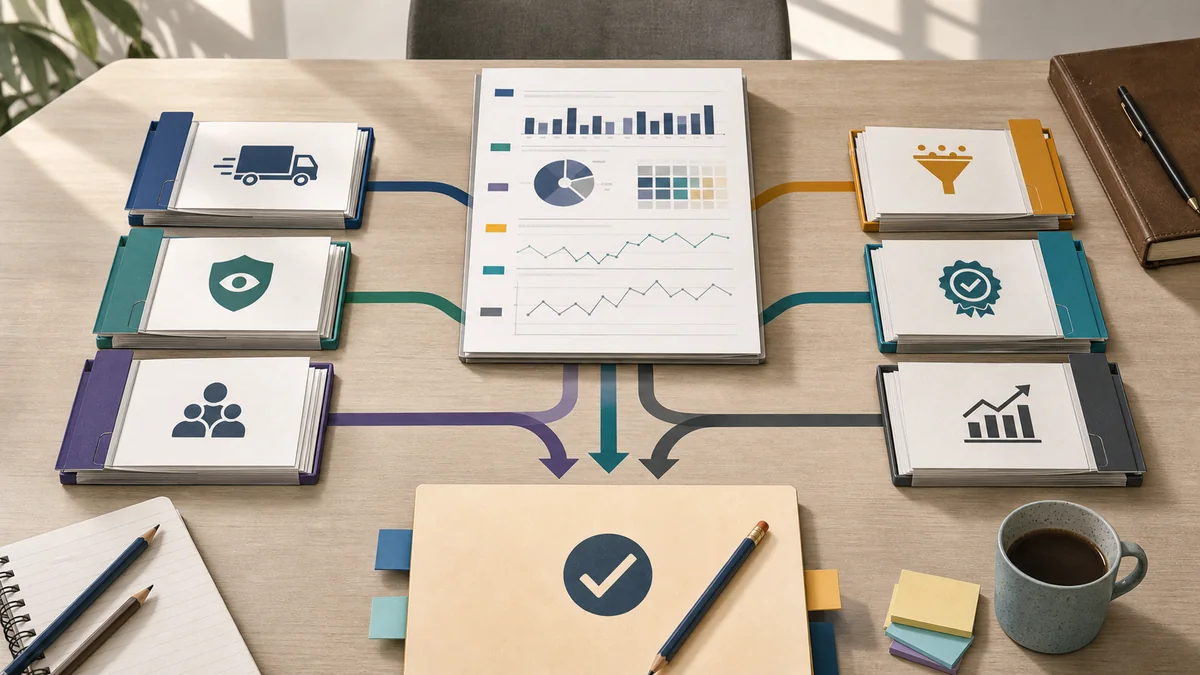 Campaign report folders for delivery, exposure quality, traffic quality, lead quality, matched outcomes, and incrementality feeding into one careful renewal note.