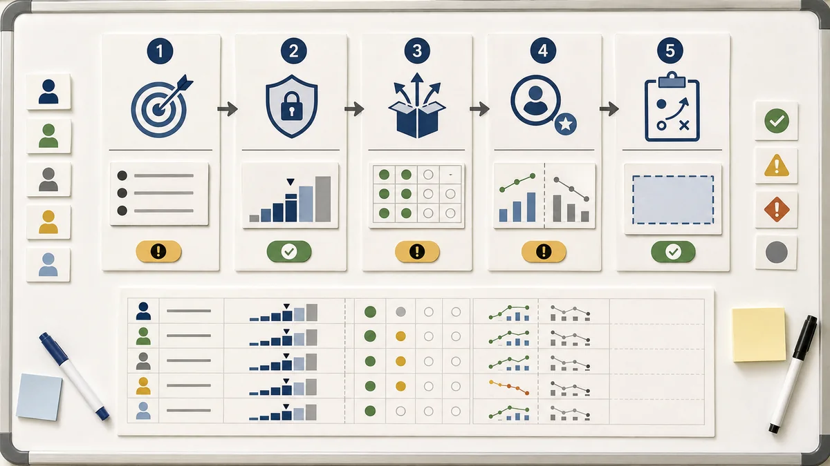 Five-step campaign reporting workflow with numbered cards, delivery checks, quality markers, warning chips, and a final action card.