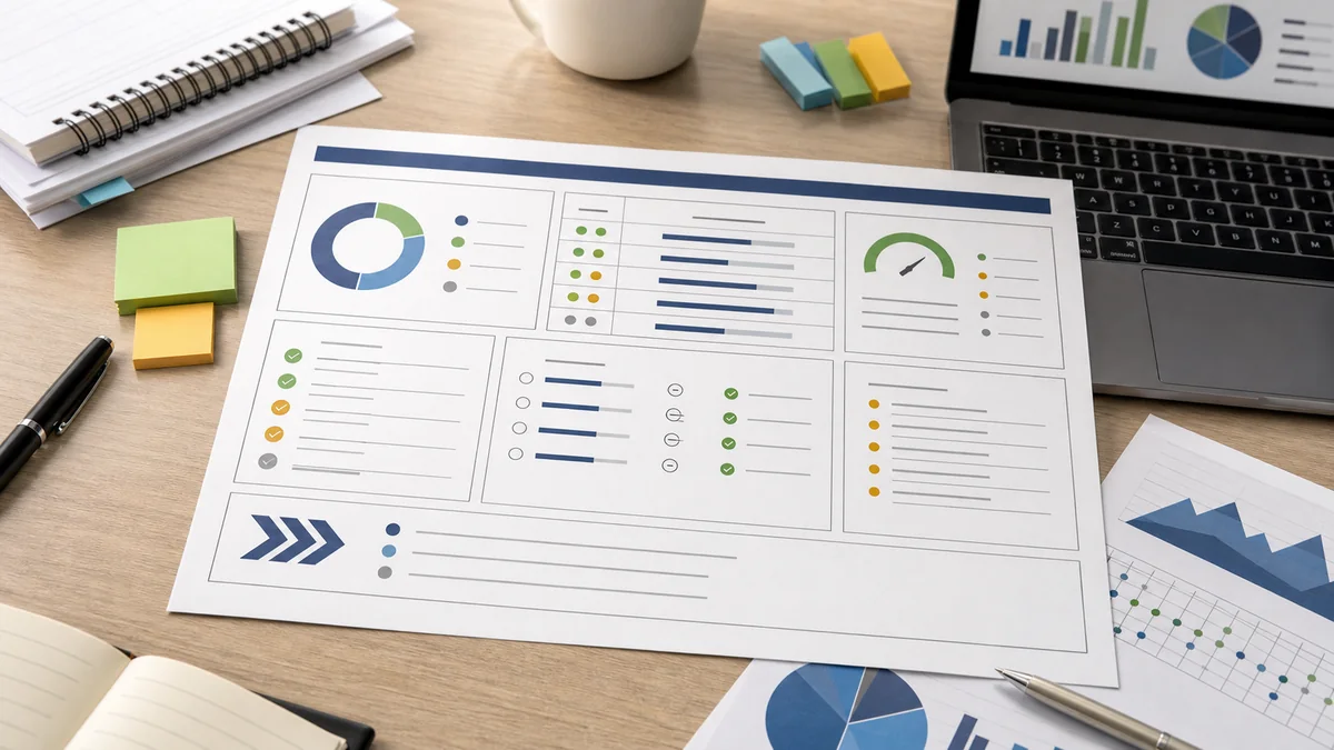 Campaign readout worksheet on a review desk with charts, checklist sections, quality markers, and a renewal decision area.