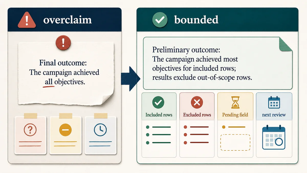Decision board downgrading an overbroad final campaign outcome claim into bounded wording with included rows, excluded rows, pending fields, and next review.