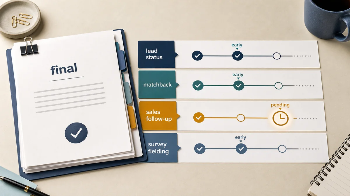 Final campaign report packet beside evidence lanes for lead status, matchback, sales follow-up, and survey fielding, with one lane still pending.