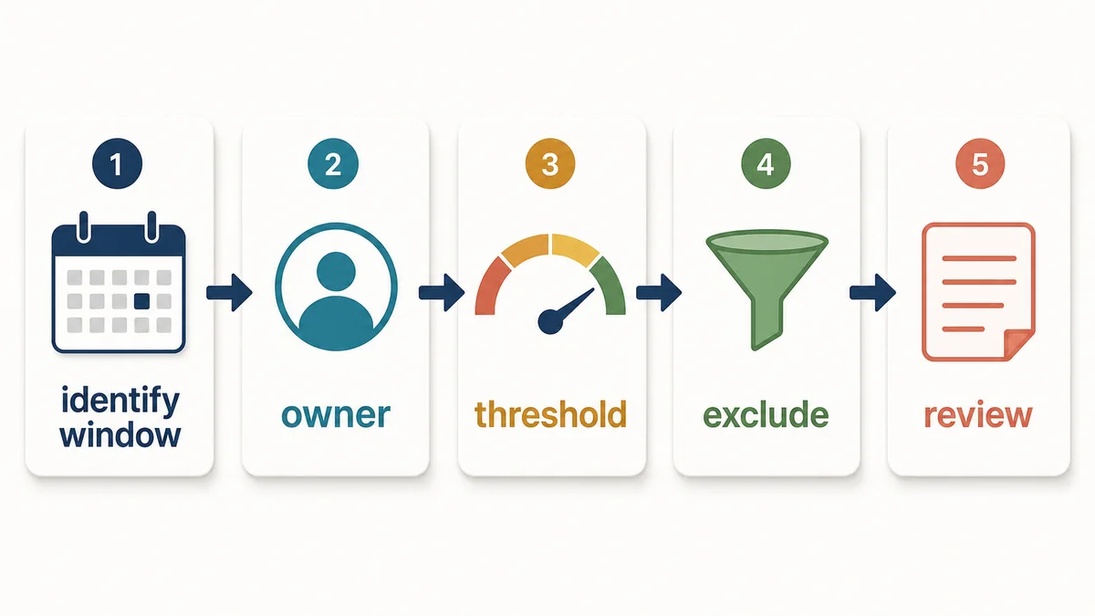 Five-step status-window review workflow: identify the window, assign owner, check threshold, exclude rows, and set review note.