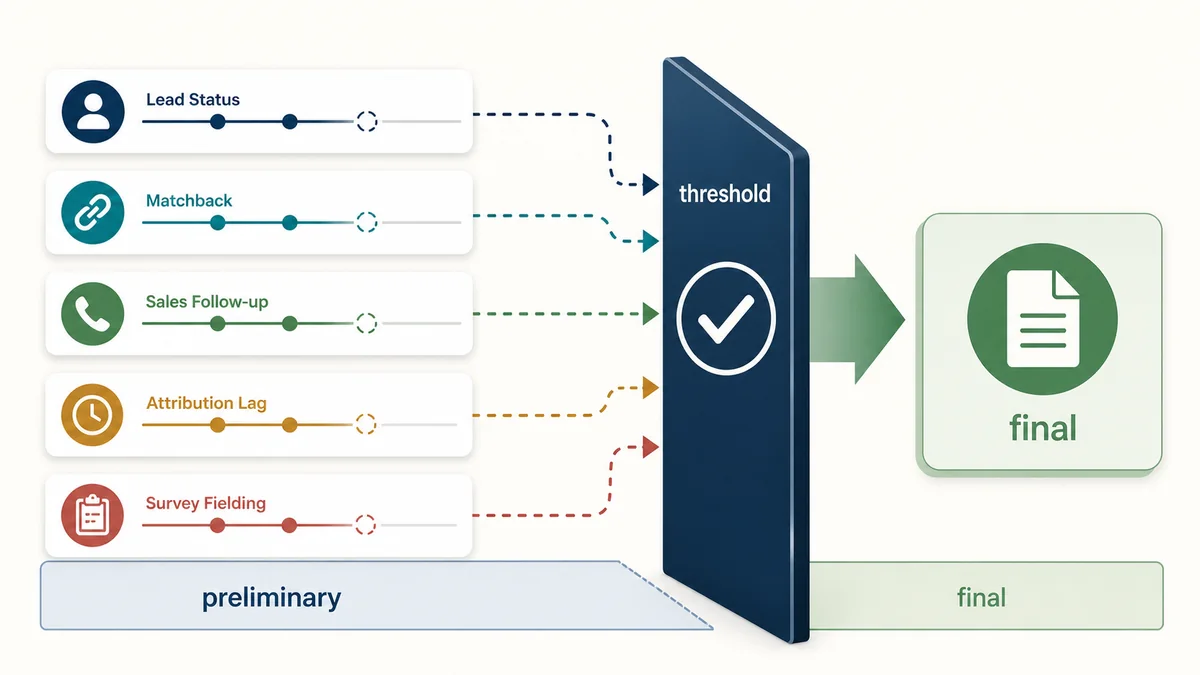 Five delayed evidence lanes feeding through a threshold gate before final campaign readout language is approved.