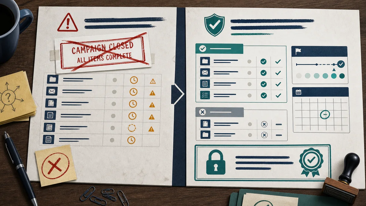 Decision board contrasting an overbroad all-complete campaign claim with a bounded register note that separates included rows, excluded rows, pending windows, and next review dates.
