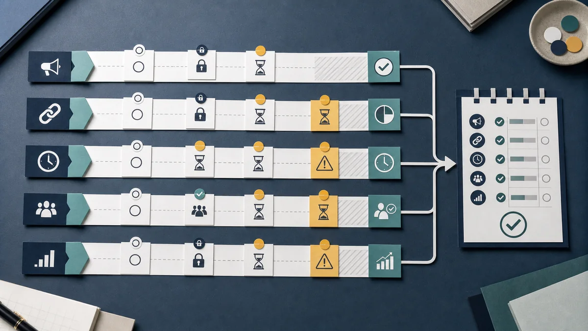 Five campaign evidence lanes closing on different clocks before flowing into one status-window closeout register.