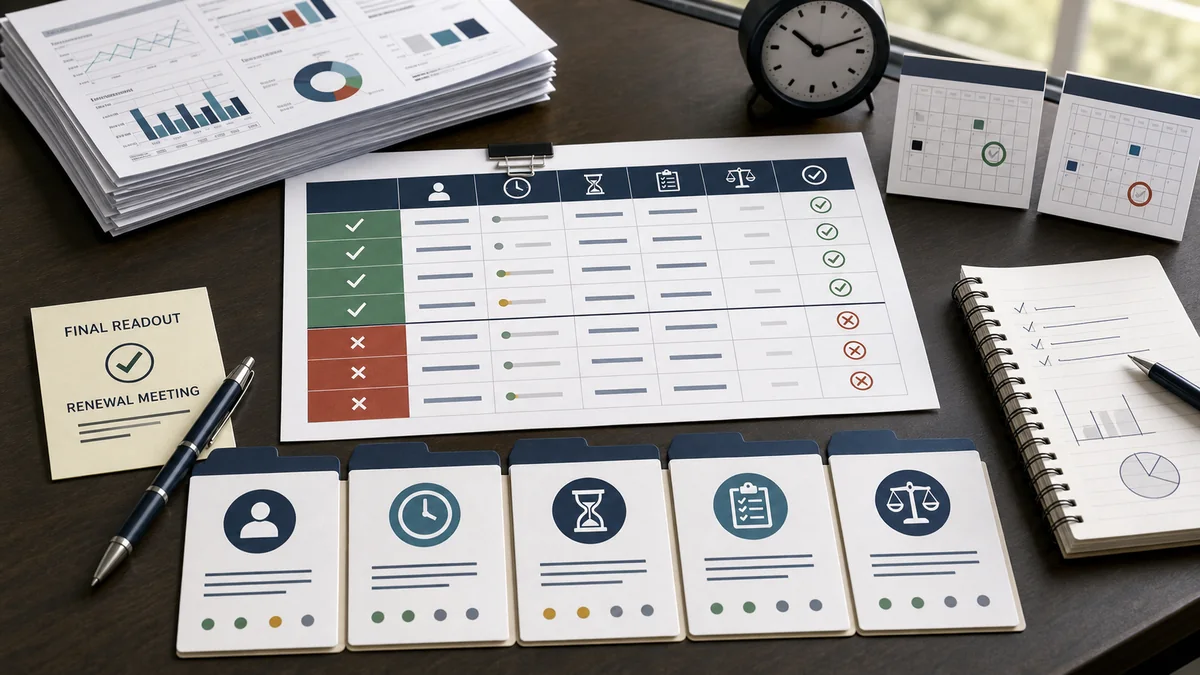 Campaign closeout register on a desk with evidence folders, clocks, calendars, included rows, excluded rows, and a final readout note.